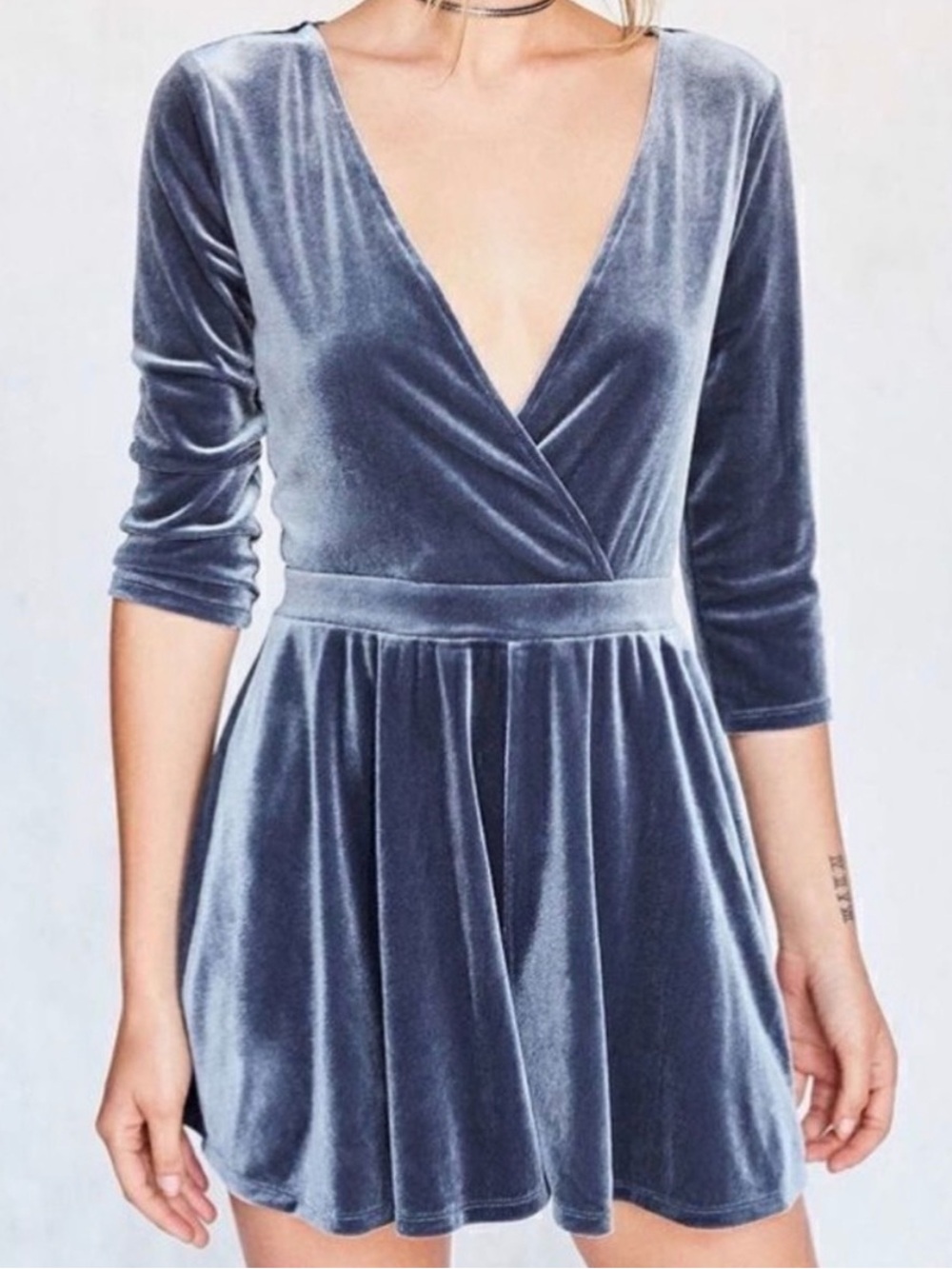 Silence + Noise Blue Gray Velvet Wrap Front Romper 3/4 Sleeve Large Whimsy Glam